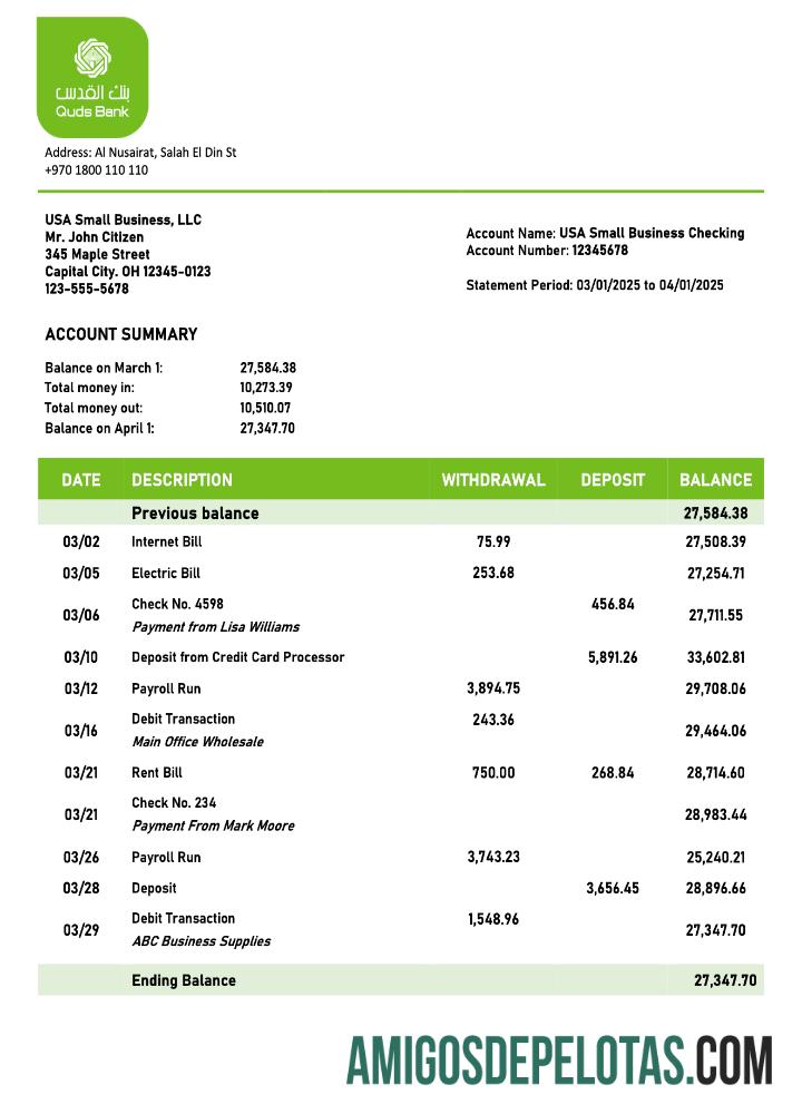 Imprimível Palestina Quds Organização Verificando Extrato de Conta Word e PDF Templatedoc